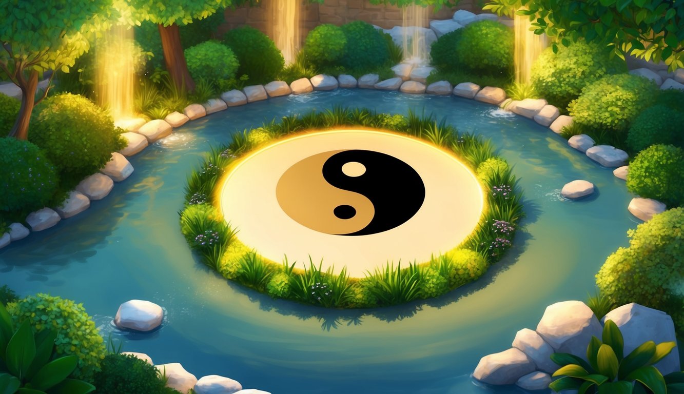 Un jardín sereno con un símbolo de yin-yang en su centro, rodeado de agua fluyendo y vegetación exuberante, iluminado por una cálida luz dorada.