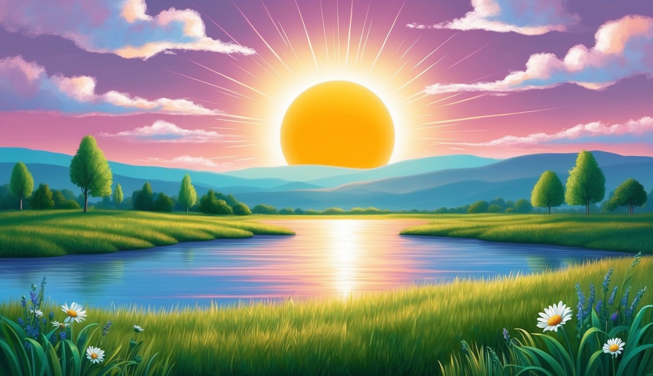 Un sol brillante saliendo sobre un paisaje tranquilo, con colores vibrantes y un sentido de paz y positividad emanando de la escena.