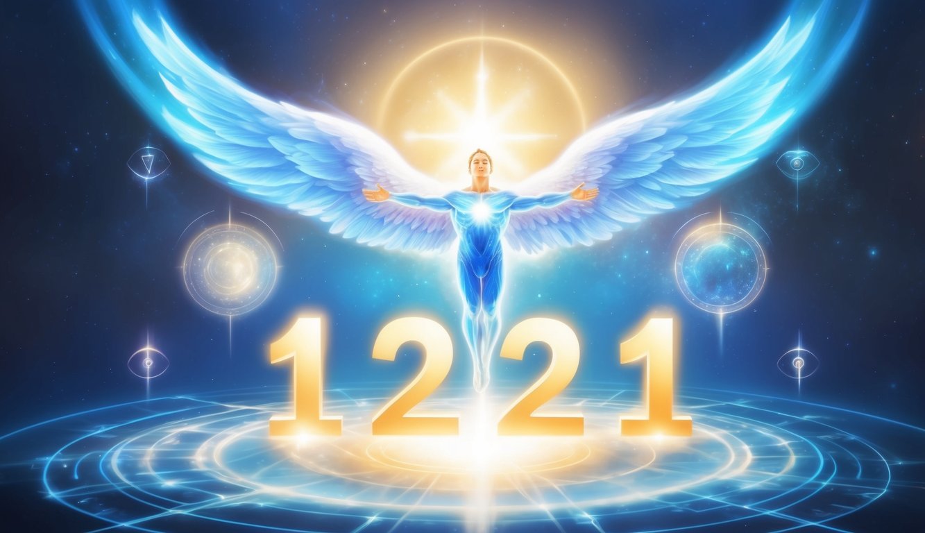 Una figura celestial brillante flota sobre un número resplandeciente "1221", rodeada de símbolos etéreos y una sensación de presencia divina.