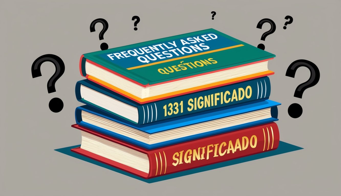 Una pila de libros con el título "Preguntas Frecuentes 1331 significado" en la parte superior, rodeada de signos de interrogación.