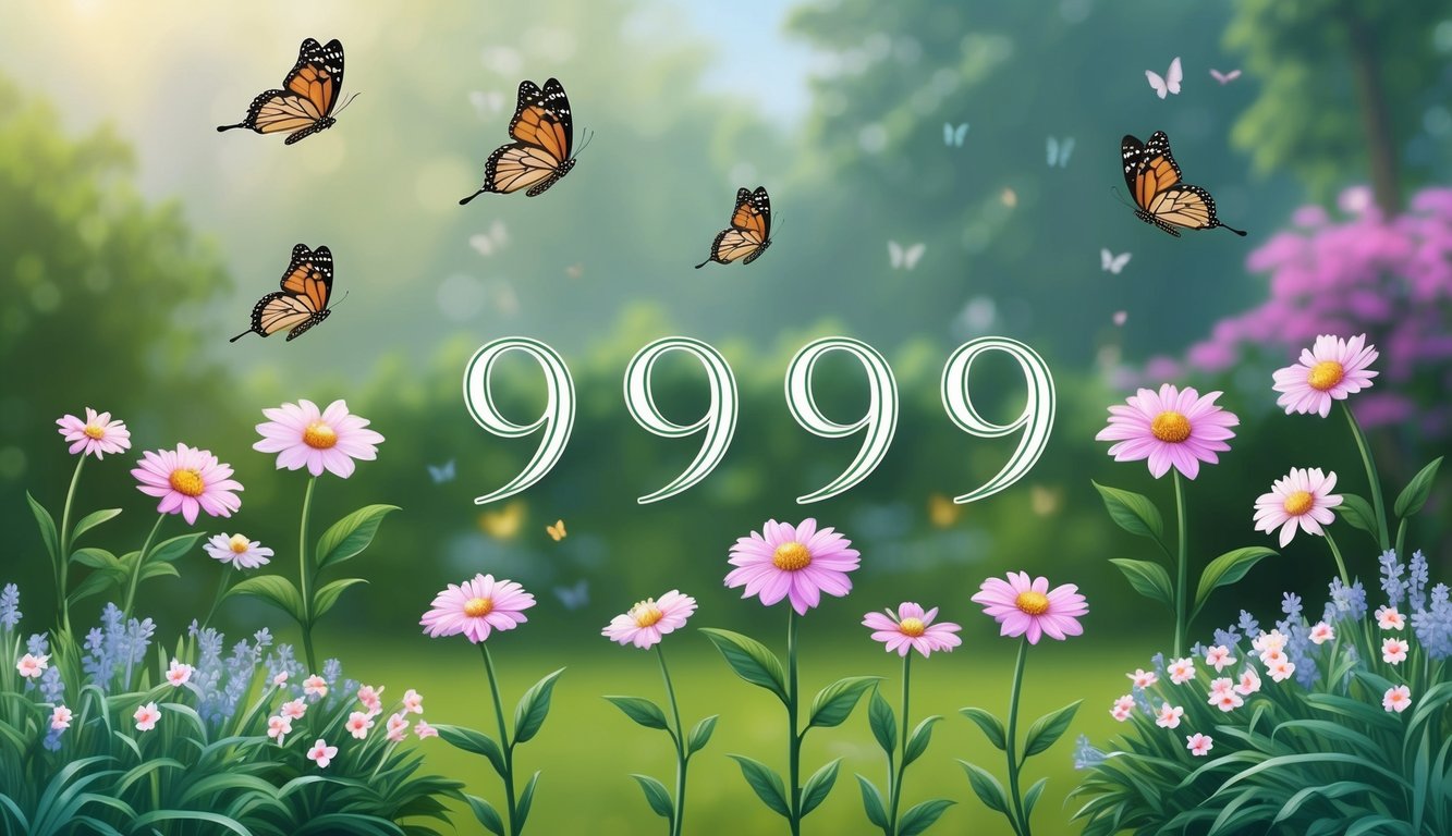 Un jardín sereno con nueve flores en flor y nueve mariposas revoloteando, simbolizando el significado espiritual del número 9999 en la vida cotidiana.