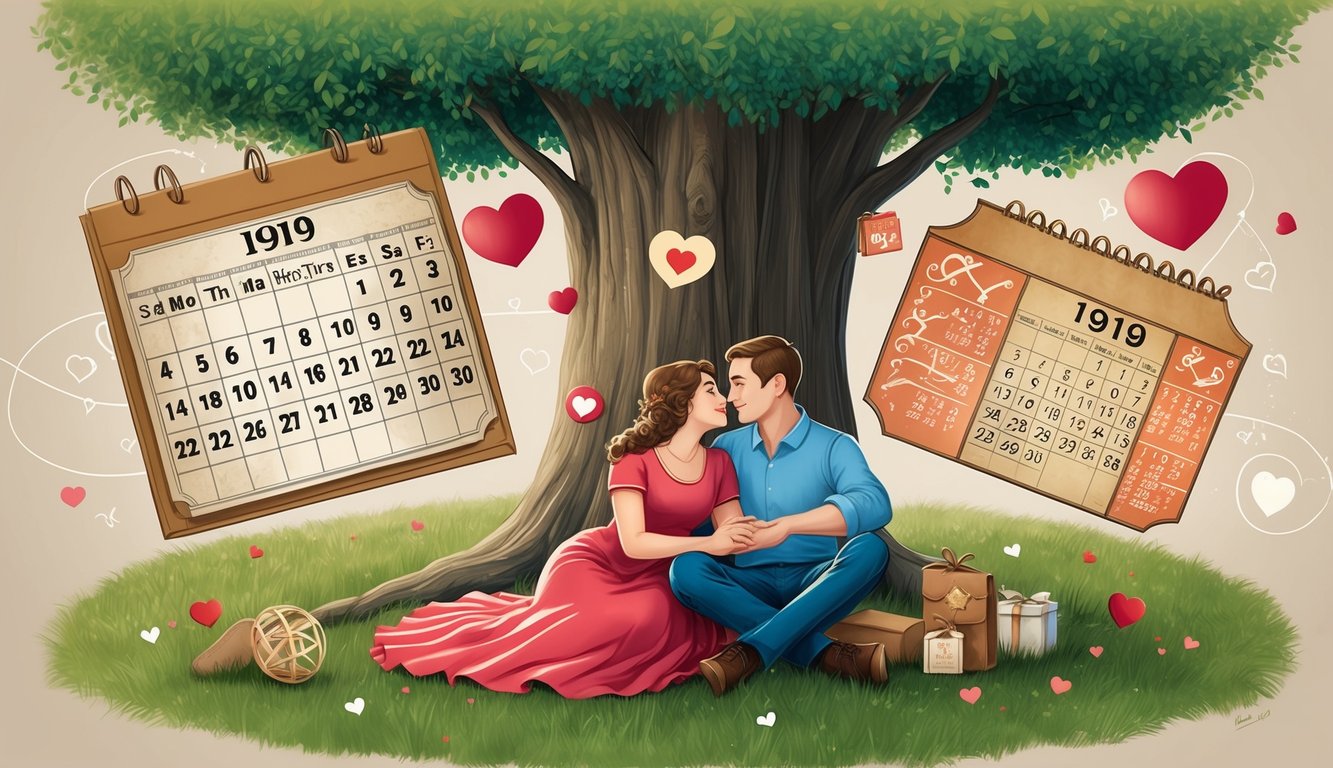 Una pareja sentada bajo un árbol, rodeada de símbolos de amor y conexión, con un calendario antiguo que muestra el año 1919