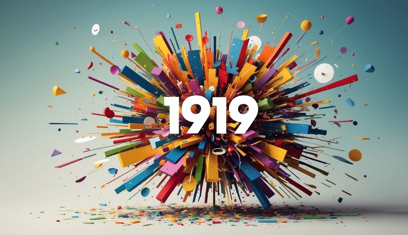 Una explosión caótica de colores y formas que estallan desde un punto central, representando el impacto de 1919 en la creatividad y la expresión personal