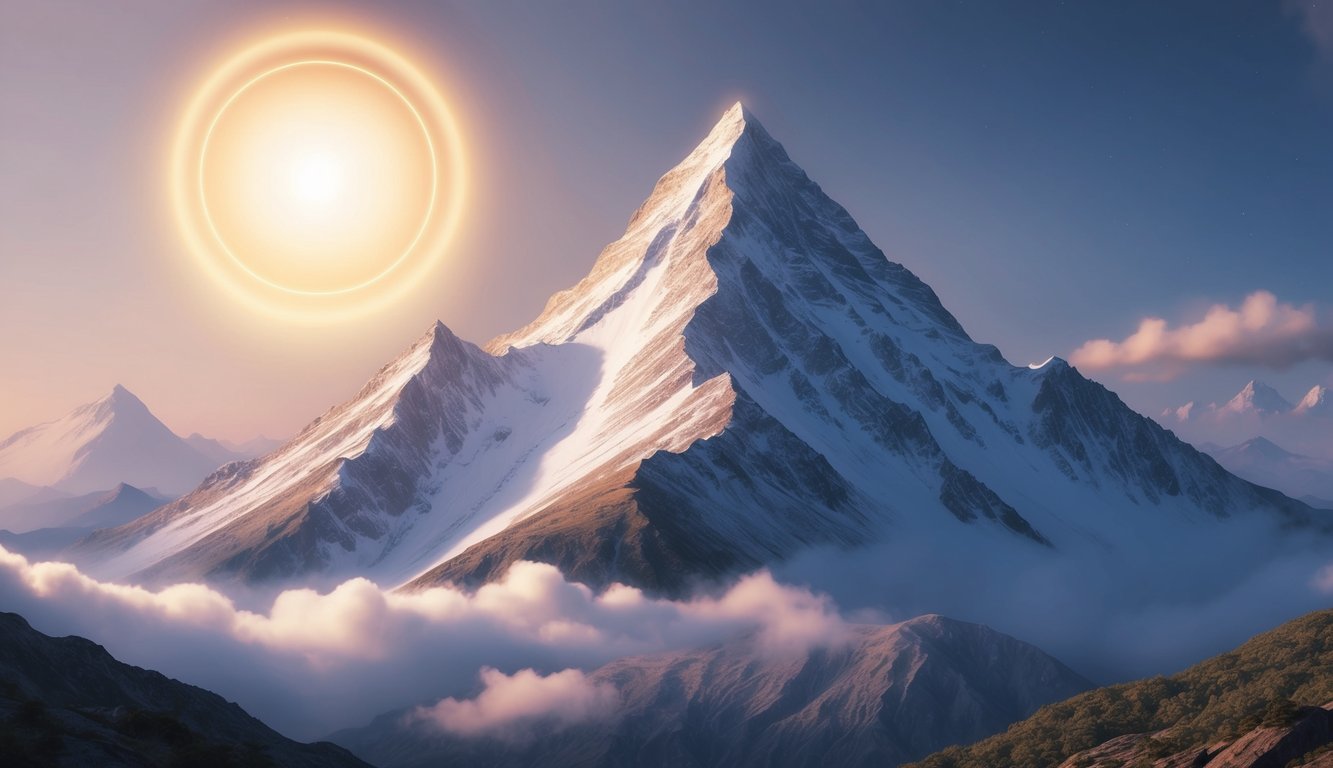 Una serena cima de montaña con un halo de luz resplandeciente y una sensación de energía espiritual que emana de los alrededores.