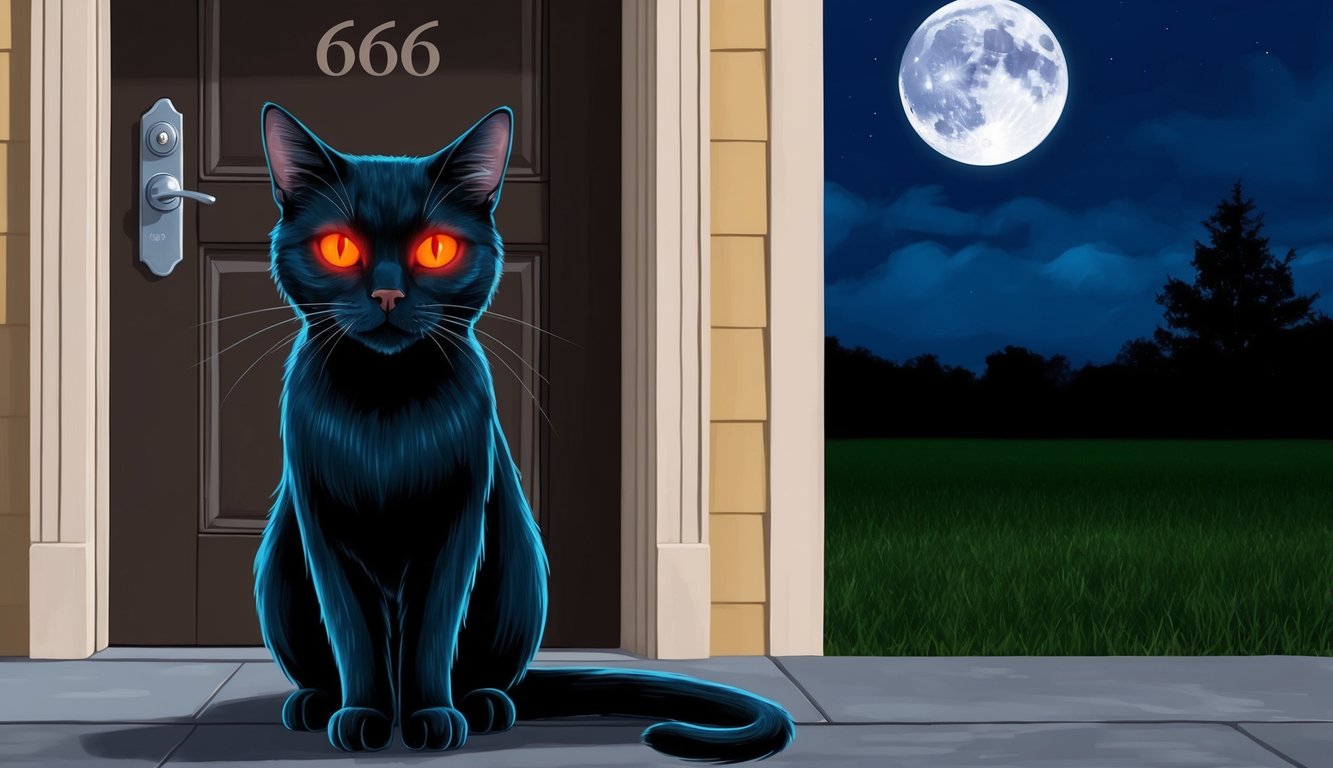 Un gato negro con ojos rojos brillantes está frente a una puerta marcada con el número 666, mientras una luna llena se asoma en el cielo nocturno.