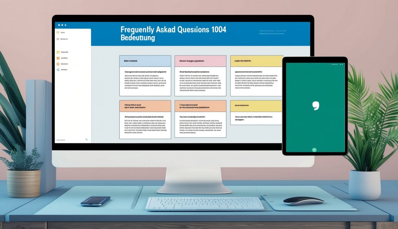 Ein Computerbildschirm, der eine Webseite mit dem Titel "Häufig gestellte Fragen 1004 bedeutung" und verschiedenen Frage- und Antwortbereichen anzeigt.