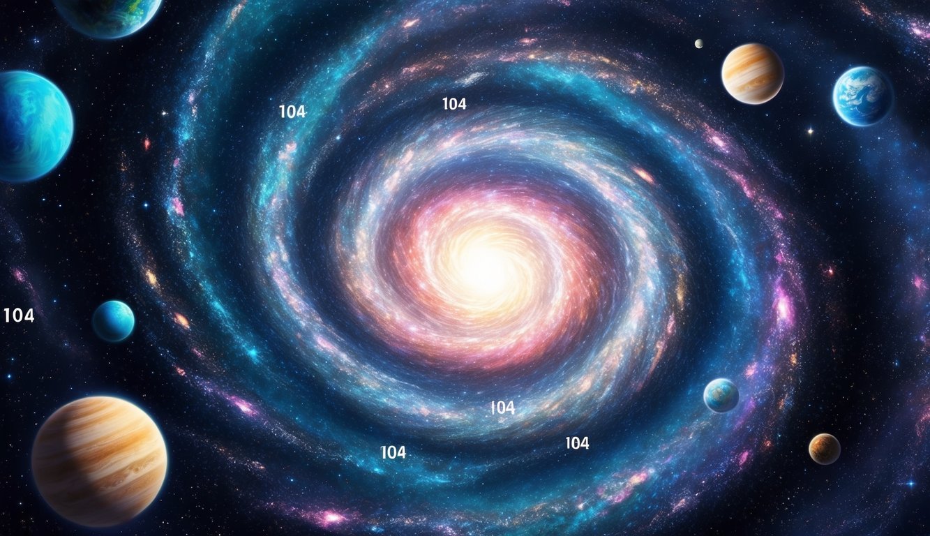 Eine wirbelnde Galaxie aus Sternen und Planeten, mit der Zahl 104, die im gesamten Kosmos wiederholt wird.