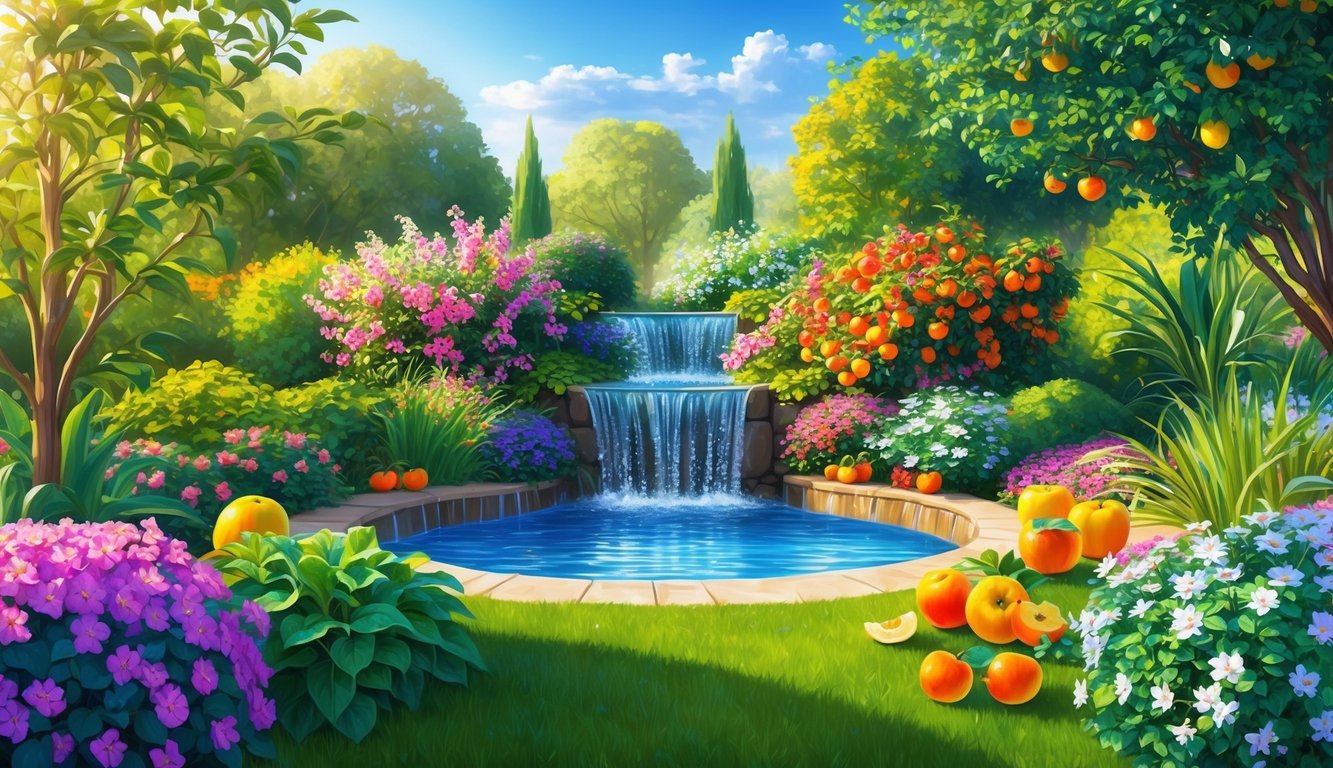 Ein lebendiger Garten mit blühenden Blumen, reifen Früchten und einem sprudelnden Wasserfall, umgeben von üppigem Grün und in warmem Sonnenlicht badend.