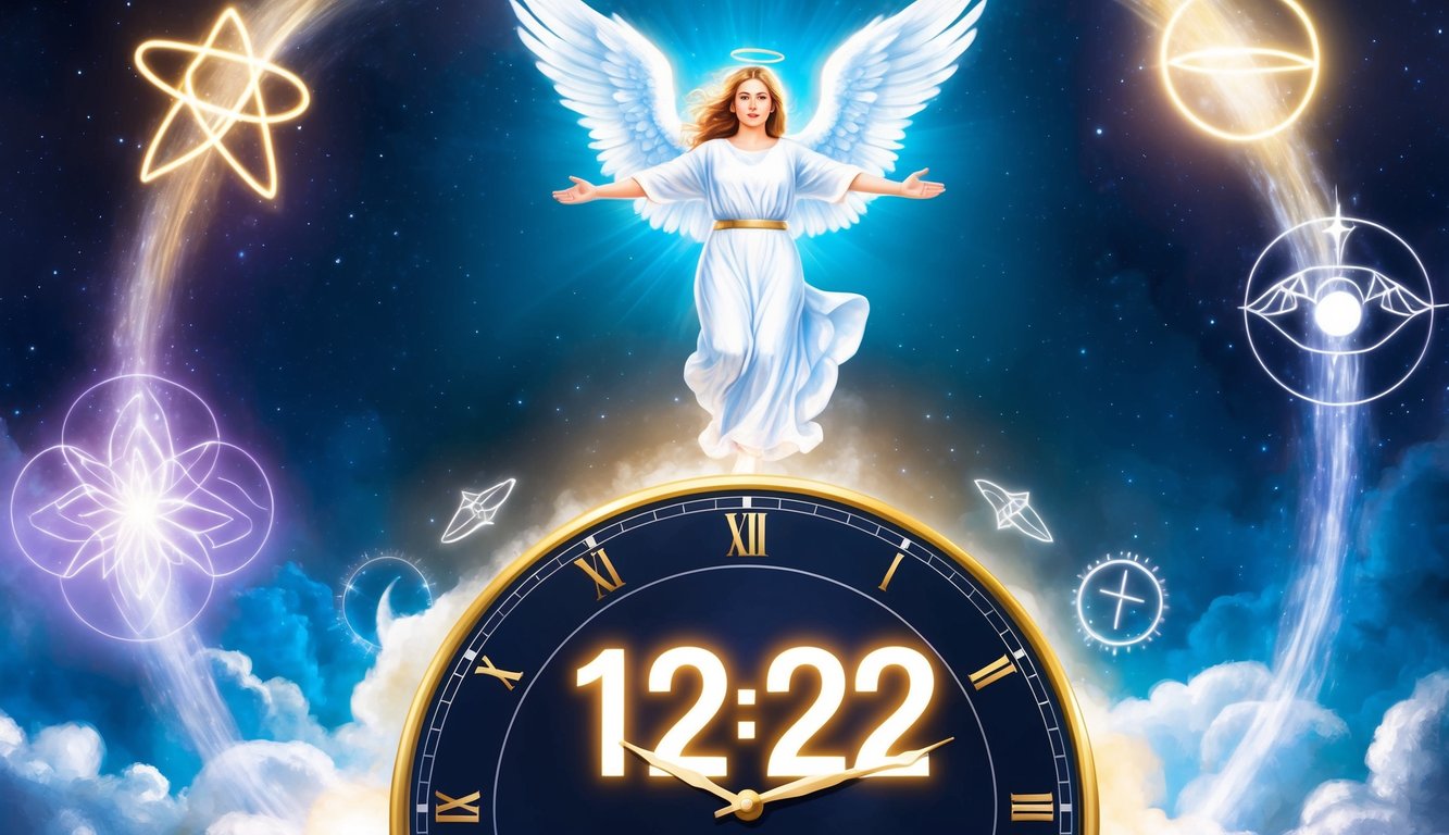 Eine leuchtende, engelgleiche Figur schwebt über einer Uhr, die 12:22 zeigt, umgeben von ätherischem Licht und himmlischen Symbolen.