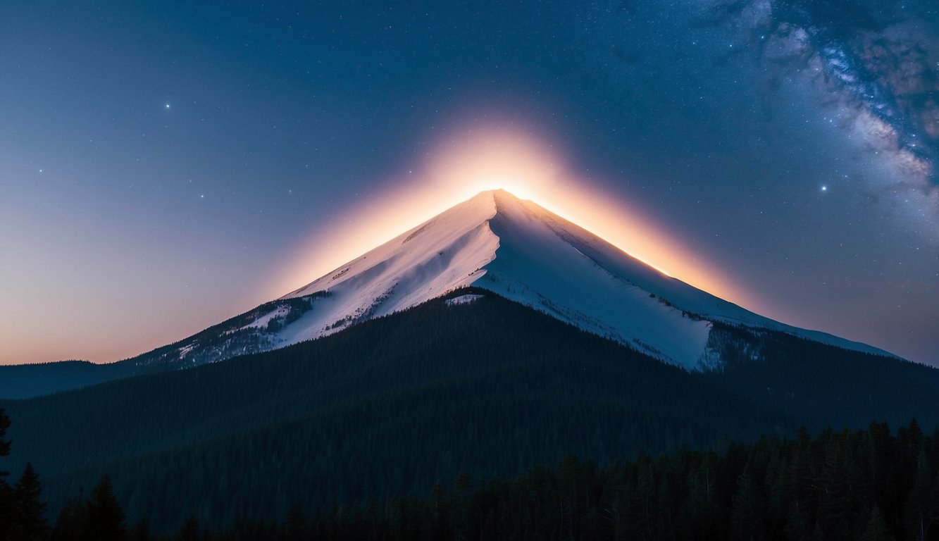 Una cima montuosa serena con un'aura luminosa che emana dall'interno, circondata da una foresta tranquilla e un cielo chiaro, pieno di stelle sopra.