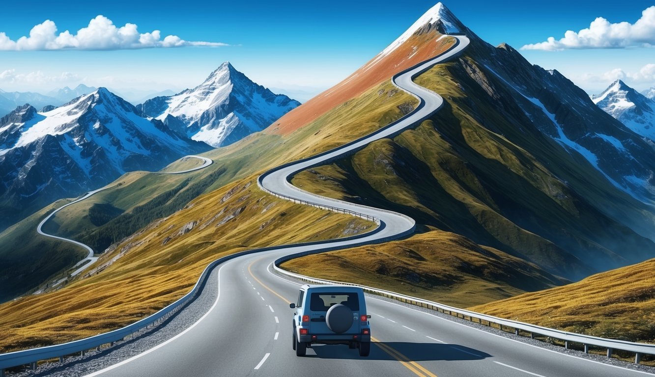 A winding road leading to a mountain peak, with a clear path and a determined vehicle driving towards the top