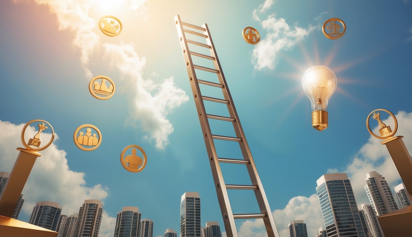 A ladder reaching towards the sky, surrounded by symbols of ambition and success