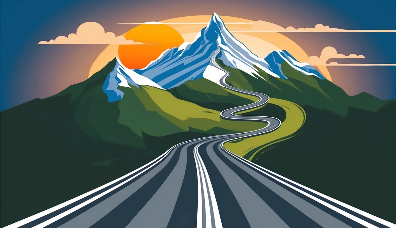 A winding road leading to a mountain peak, with the sun setting in the background, symbolizing the journey and ambition towards success