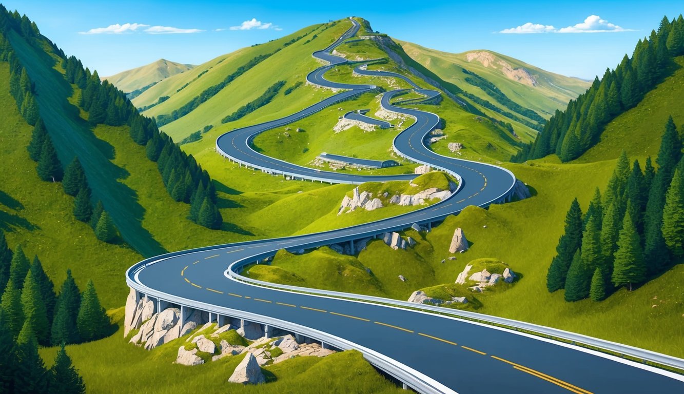 A winding road leading up a mountain, with various obstacles and challenges along the way, surrounded by lush greenery and a clear blue sky