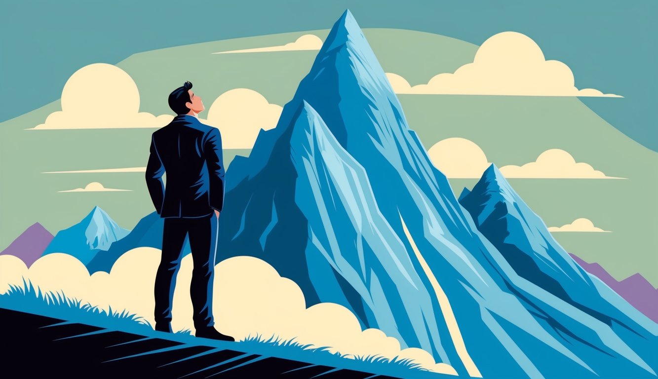 A lone figure stands at the base of a towering mountain, gazing upward with determination and ambition in their eyes.</p><p>The mountain represents the lofty goals and aspirations that drive their success