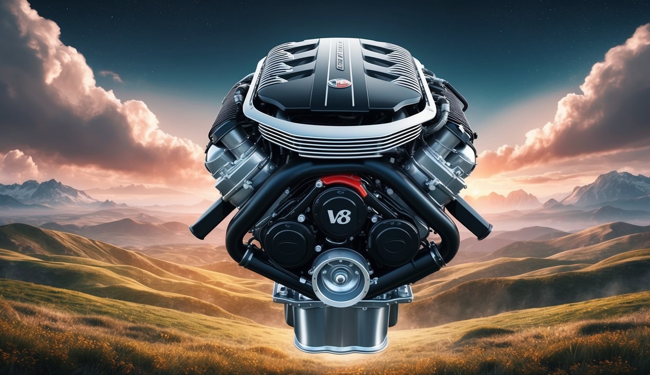 A sleek, powerful V8 engine sits at the center of a dreamlike landscape, symbolizing ambition and success