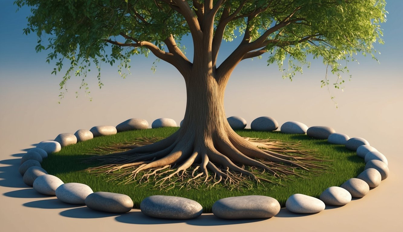 A tree with roots firmly grounded, reaching for the sky, surrounded by a circle of stones symbolizing strength and integrity