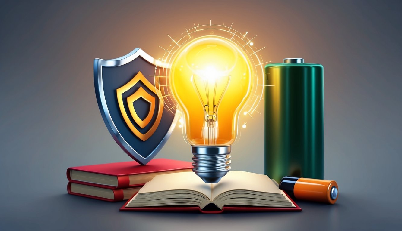 A glowing lightbulb surrounded by a shield, a book, and a battery, representing integrity, intelligence, and energy