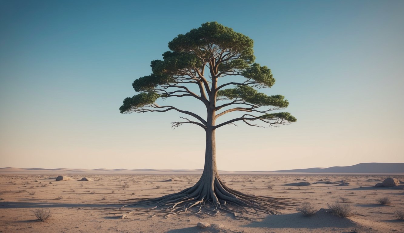 A lone tree standing tall amidst a barren landscape, its roots firmly planted in the ground, symbolizing strength and unwavering integrity