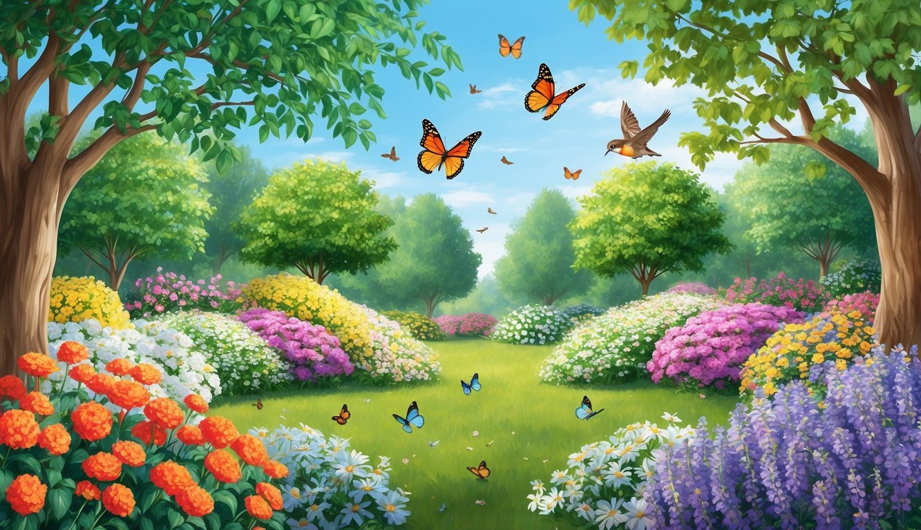 A garden of blooming flowers, with butterflies fluttering around, and birds chirping in the trees