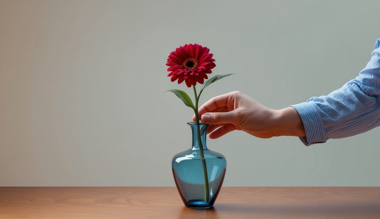 A hand placing a flower in an empty vase on a table