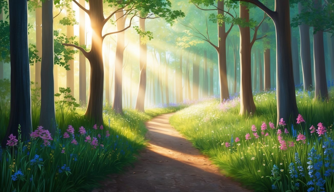 A serene forest with sunlight filtering through the trees, illuminating a path lined with blooming wildflowers