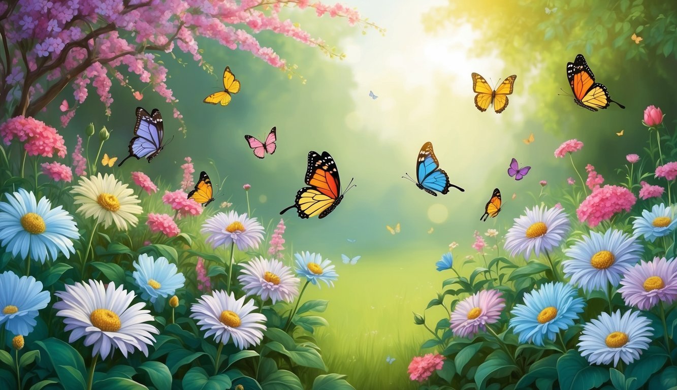 A serene garden with blooming flowers and butterflies fluttering around, evoking a sense of peace and compassion