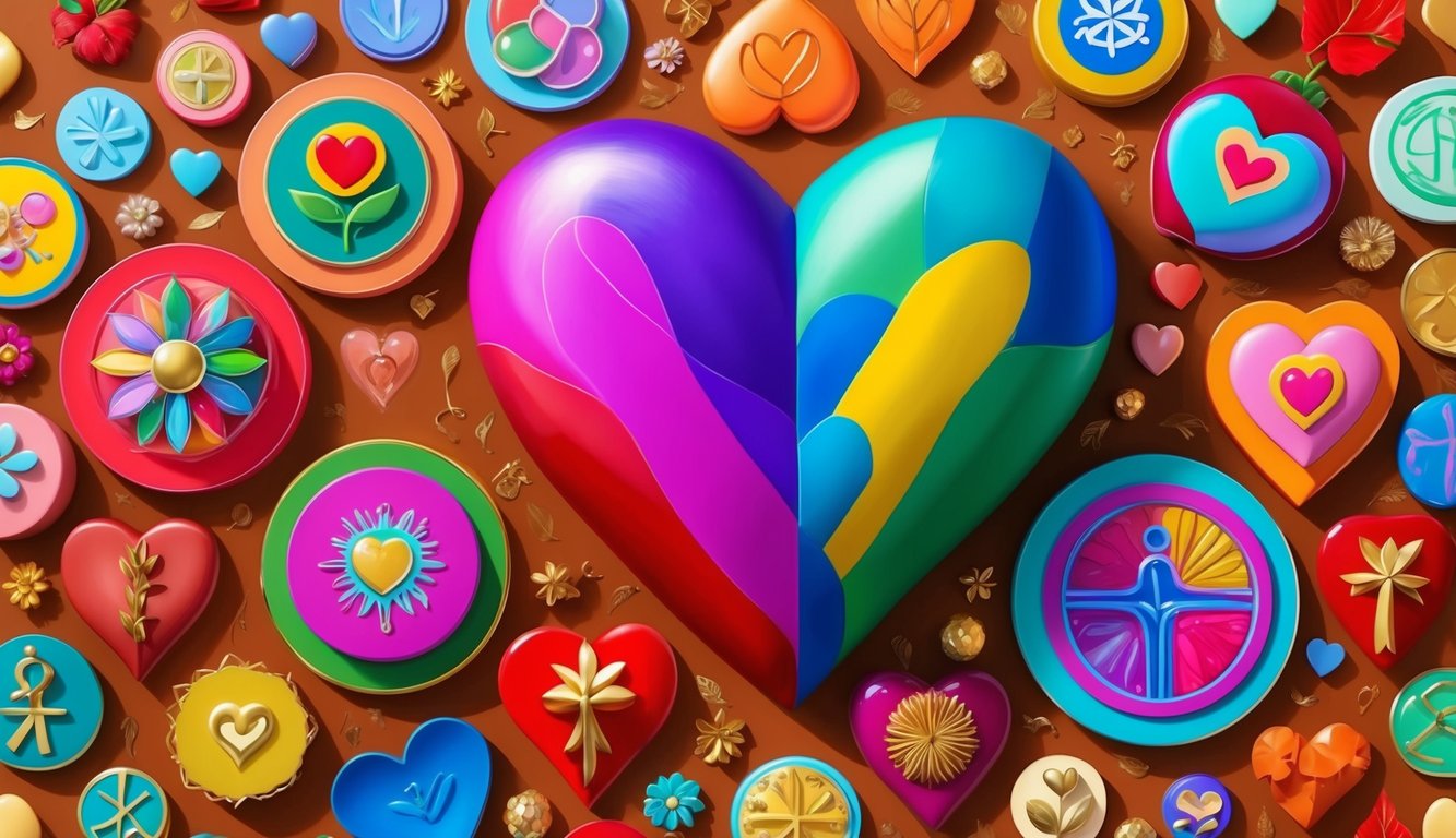 A colorful heart surrounded by diverse symbols of kindness and compassion