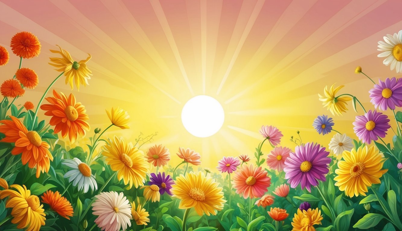 A garden with vibrant flowers blooming under a warm, golden sun, radiating a sense of love and compassion