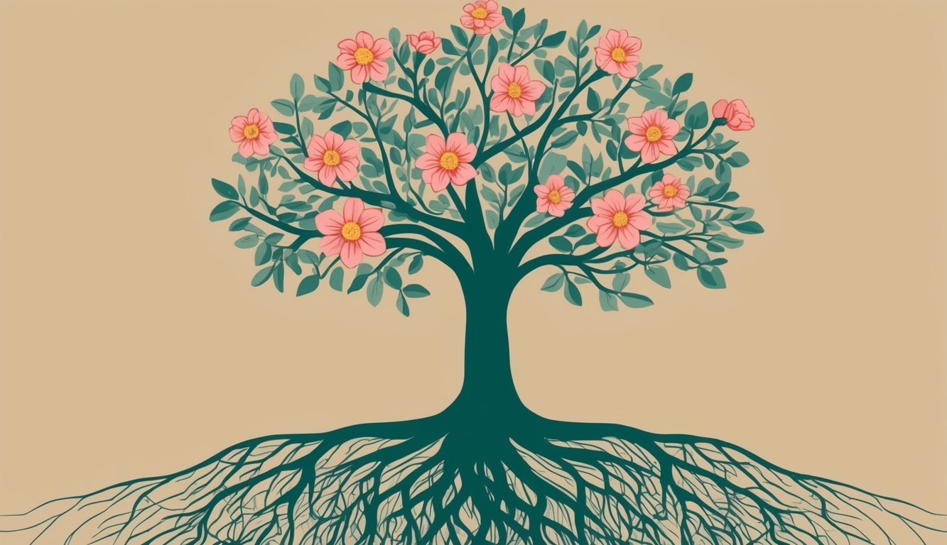 A tree with spreading roots and blooming flowers, representing the growth of kindness and compassion