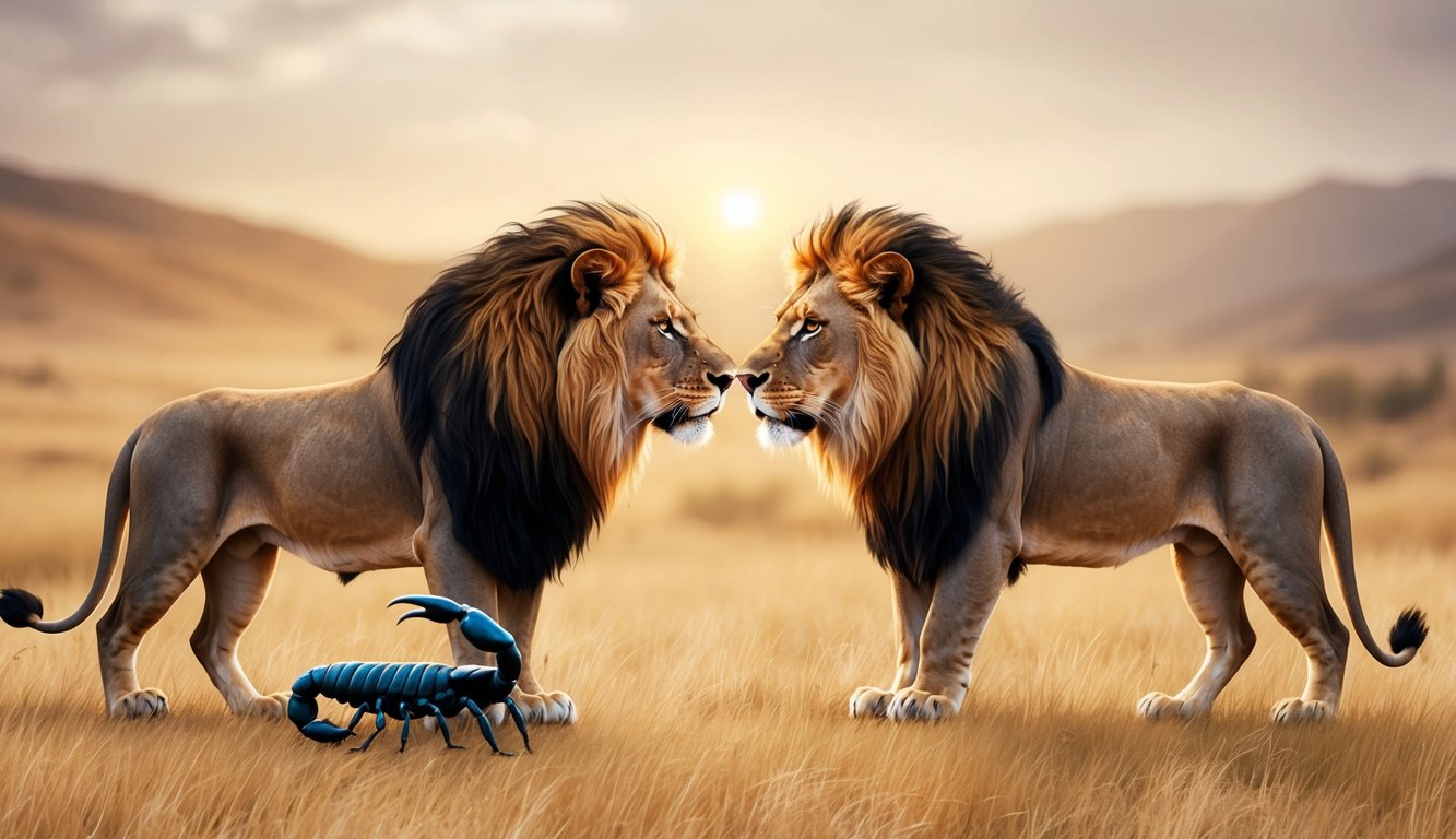 A lion and a scorpion stand side by side, their eyes locked in a display of loyalty and trust