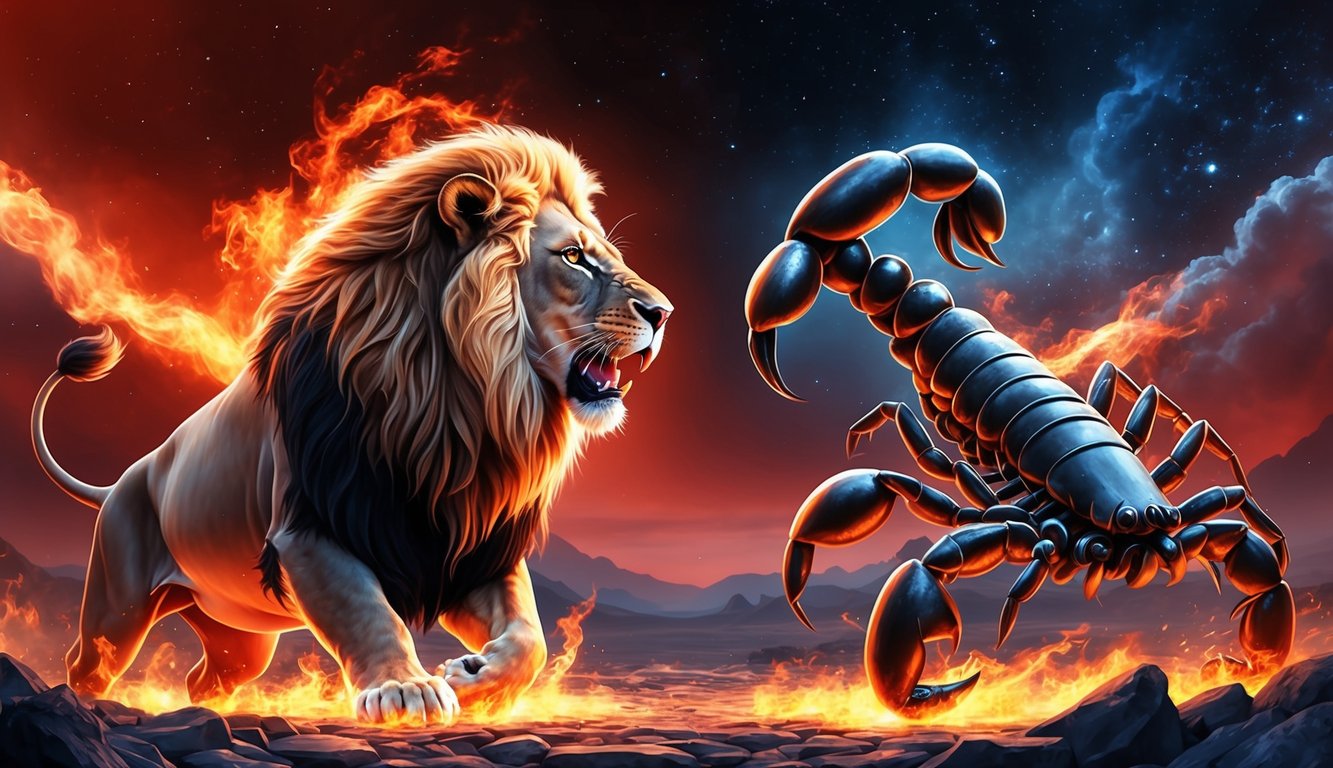 A lion and a scorpion face off in a fiery battleground, each vying for dominance in a cosmic power struggle