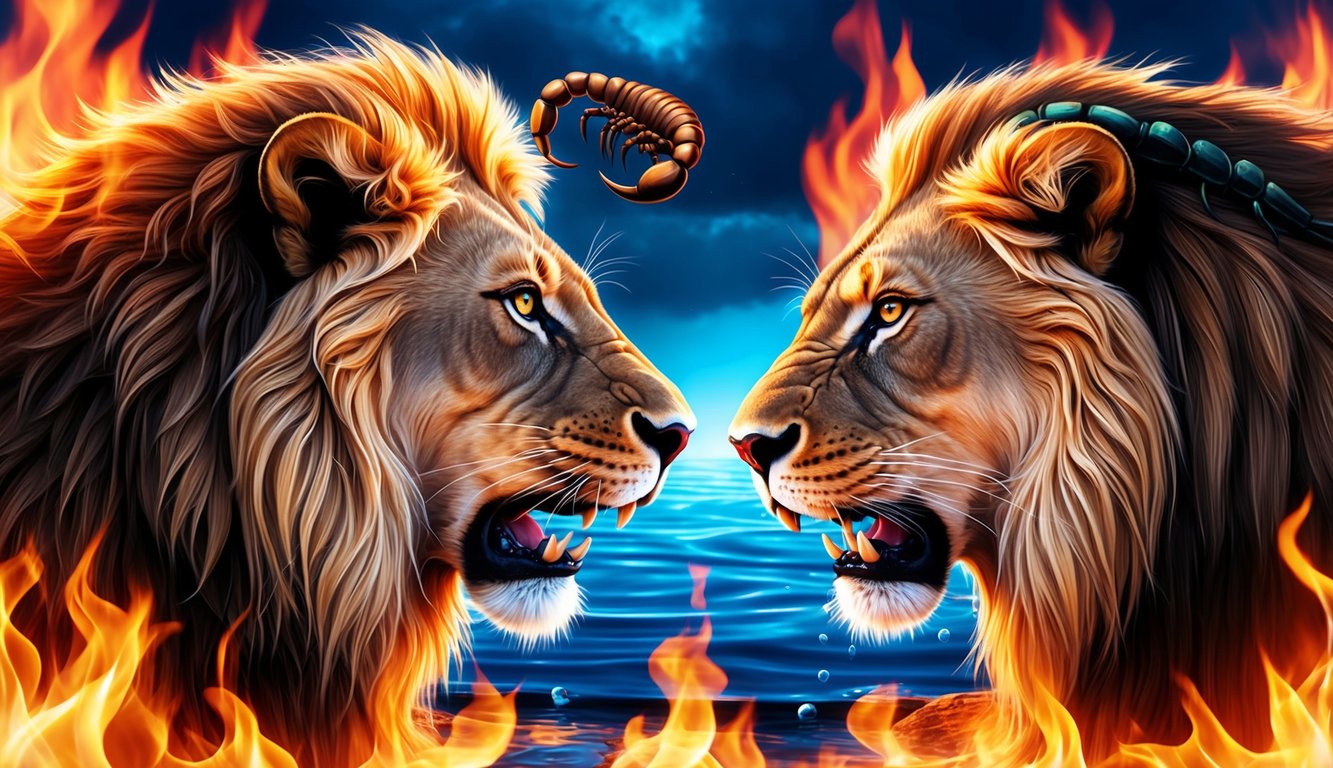 A lion and a scorpion face each other, their eyes locked in a fierce and intense gaze, surrounded by flames and water