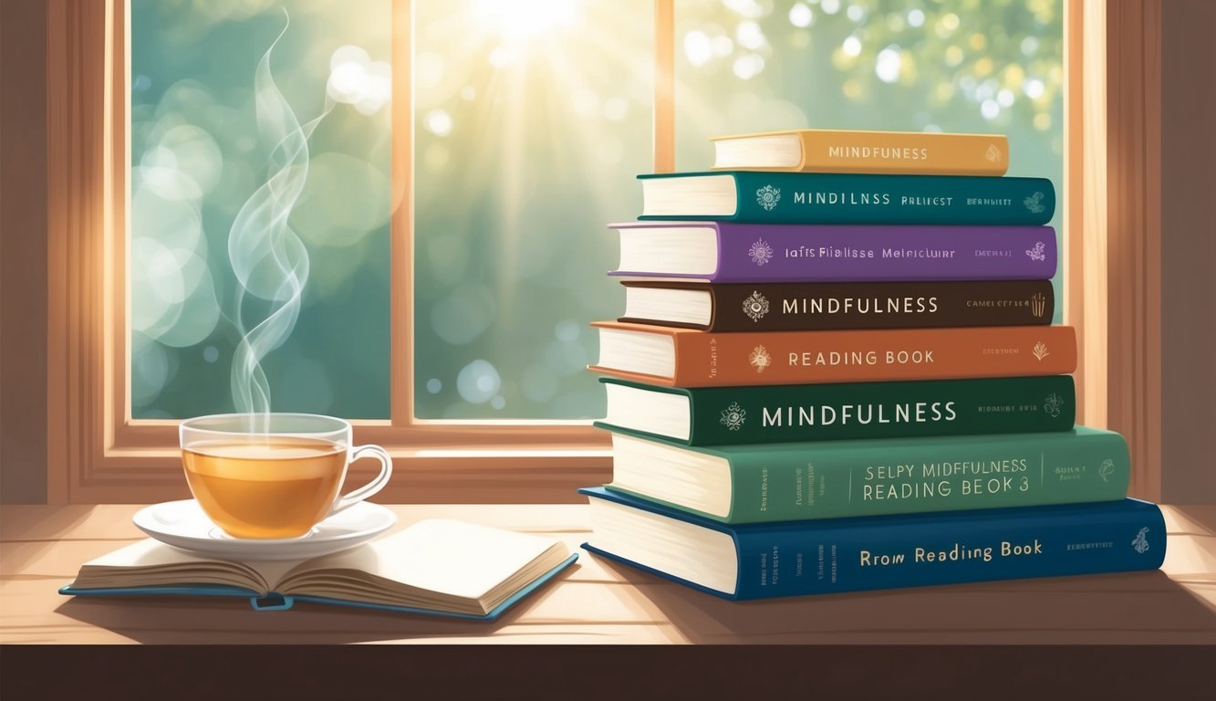 A serene, cozy reading nook with a stack of mindfulness books and a warm cup of tea.</p><p>Sunlight filters through a window, casting a peaceful glow