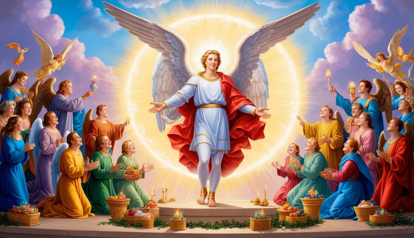 Archangel Raphael stands in a glowing aura, surrounded by joyful celebrations and offerings from his devoted patrons