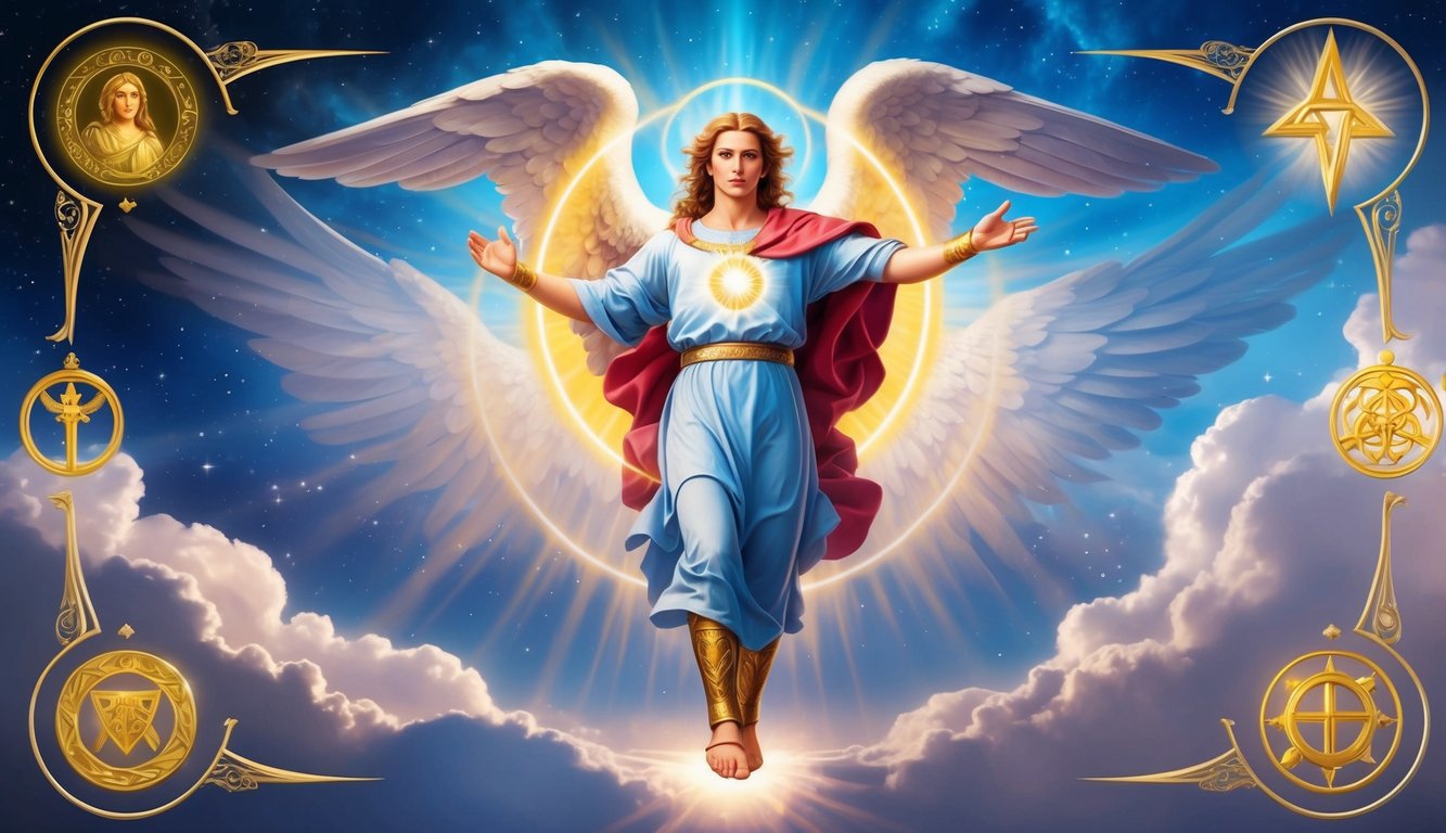 A majestic archangel Raphael with a glowing aura, surrounded by symbols of wisdom and protection, depicted in a celestial setting