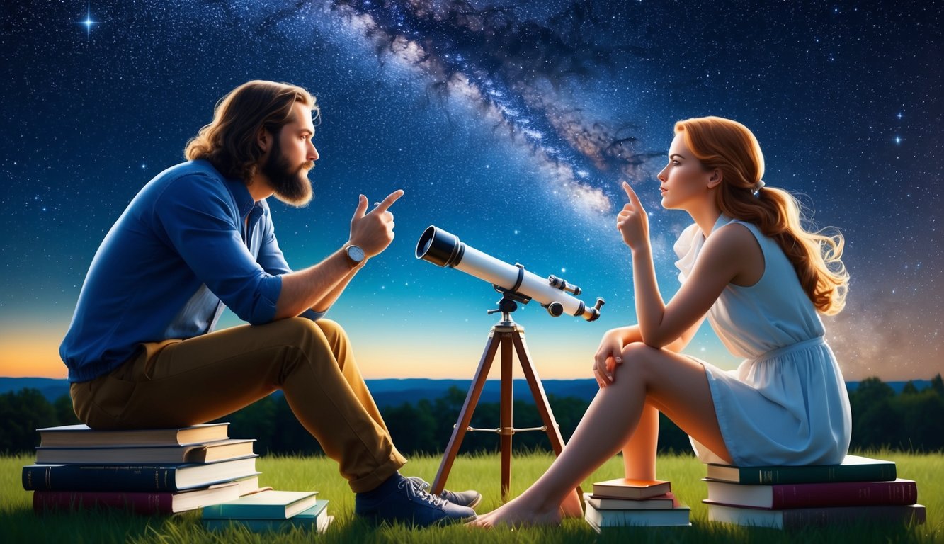 A Sagittarius and Gemini sitting under a starry sky, engrossed in deep conversation, surrounded by books and a telescope