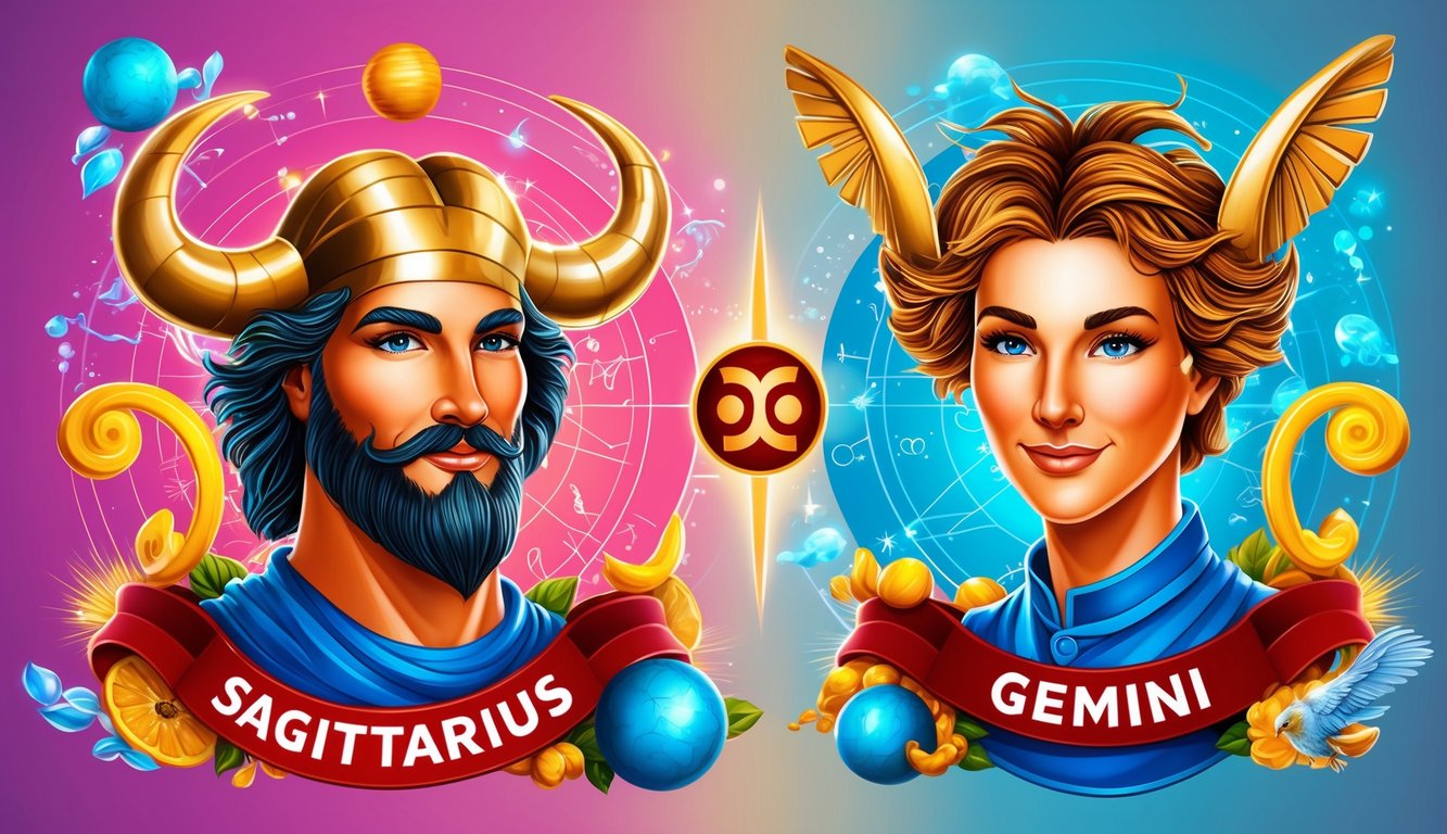 Two zodiac symbols, Sagittarius and Gemini, surrounded by vibrant and dynamic elements, representing their lively communication style