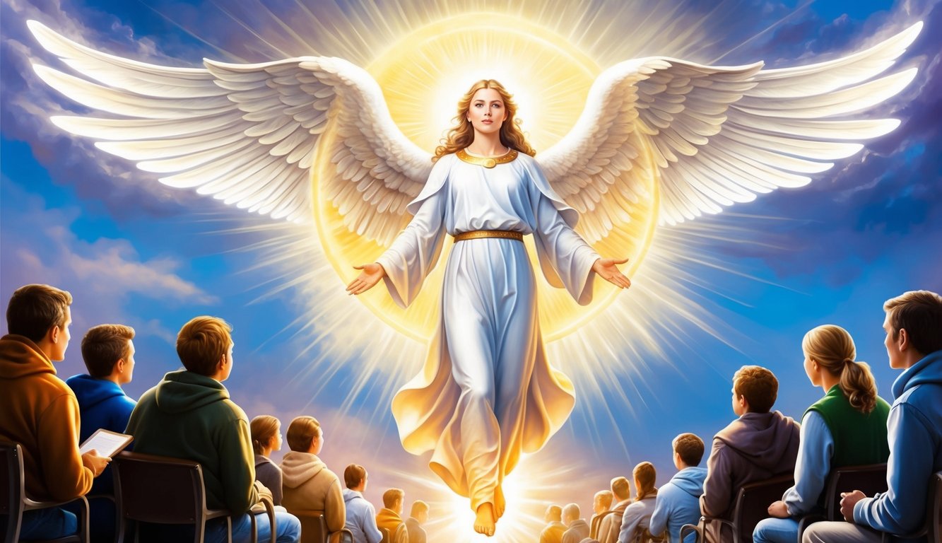 A radiant archangel with outstretched wings, surrounded by a glowing aura, standing watch over a group of people seeking guidance