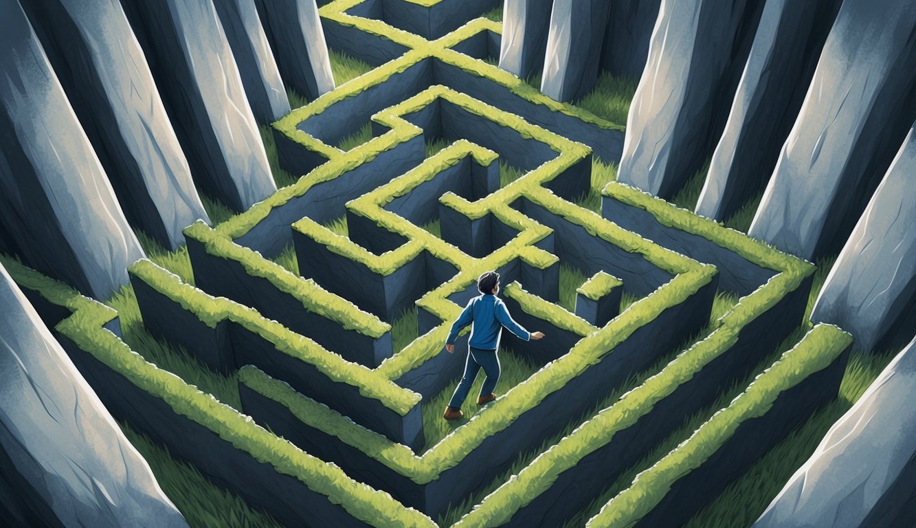 A figure navigates a twisting maze, surrounded by towering walls and tangled paths, with a sense of confusion and determination in the air