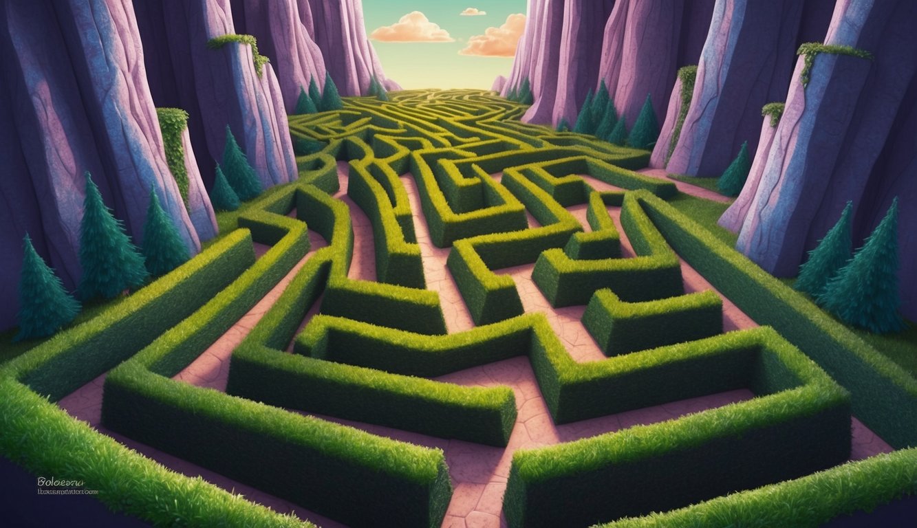 A dreamy maze with twisting paths and towering walls