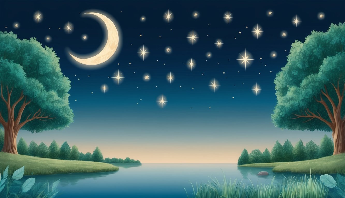 A serene night sky with a crescent moon and twinkling stars, surrounded by peaceful nature elements like trees and a calm body of water