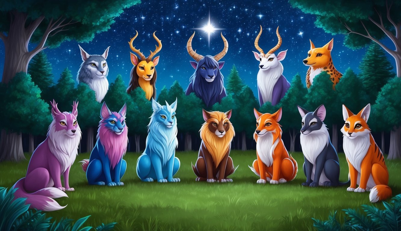 Ten mystical spirit animals, each a chimera of various creatures, gathered in a forest clearing under a starry night sky