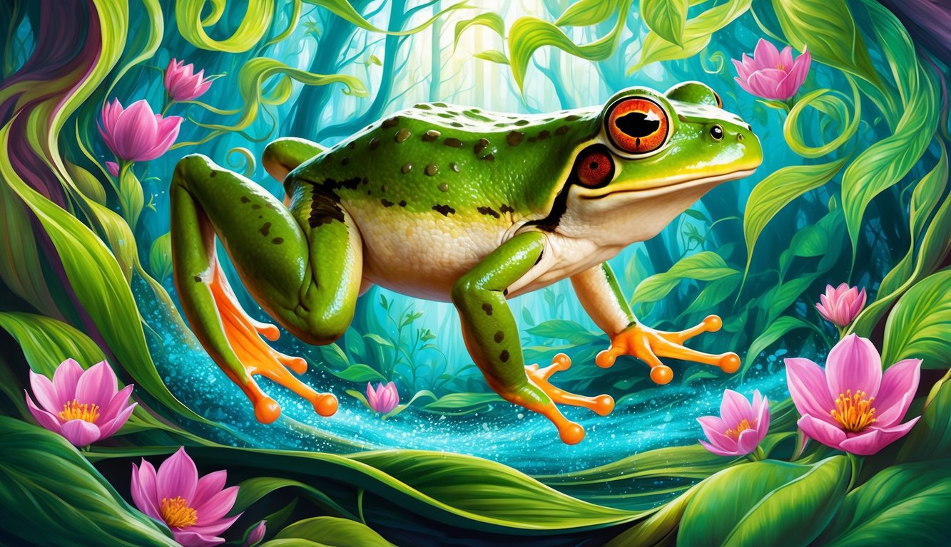 A frog leaping through a vibrant forest, surrounded by swirling leaves and blooming flowers, symbolizing transformation and growth