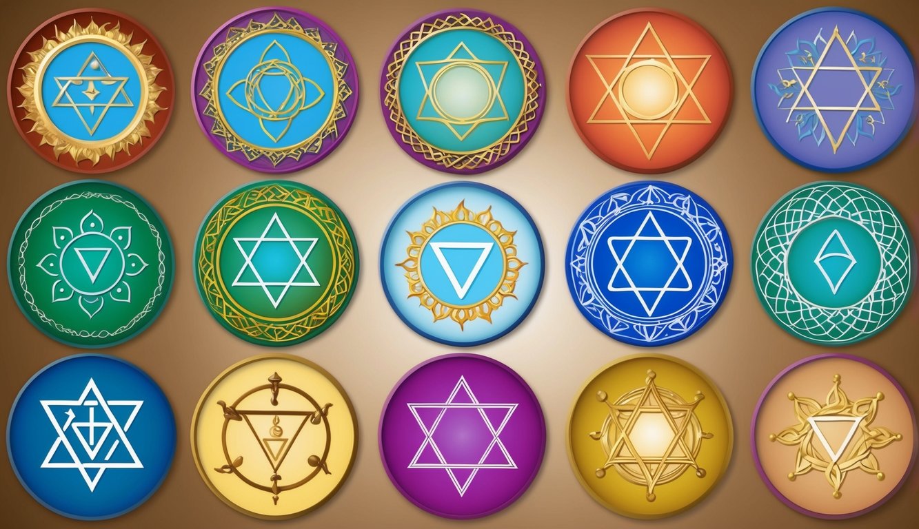 Twelve spiritual symbols arranged in a circular pattern, each with its own unique design and hidden meaning