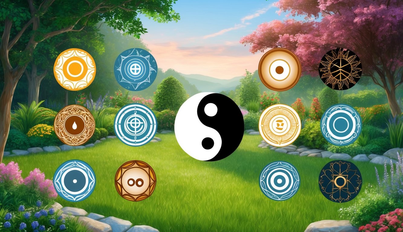 A serene garden with 12 spiritual symbols arranged in a yin yang pattern, each representing a different hidden meaning