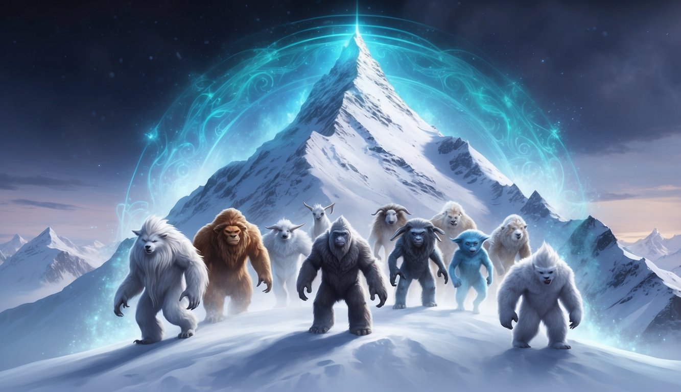 A snowy mountain peak with ten ethereal creatures, including a Yeti, surrounded by a mystical aura