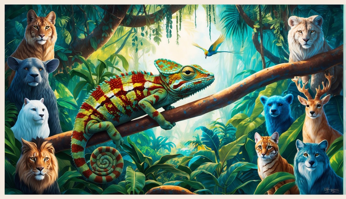 A chameleon blends into a vibrant, shifting jungle landscape, surrounded by 10 other spirit animals symbolizing change