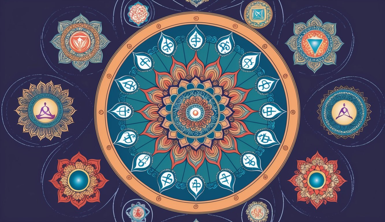 A mandala with 12 intricate spiritual symbols radiating from the center, each representing a different hidden meaning