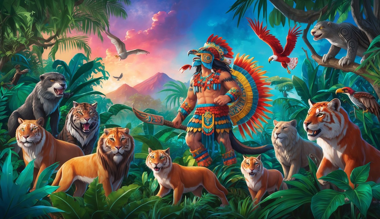 A vibrant jungle with Quetzalcoatl and 10 mystical spirit animals